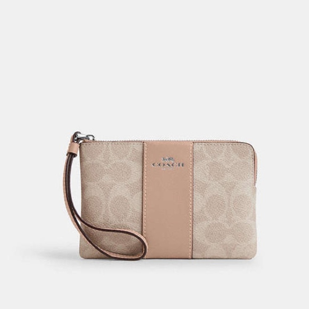 Coach Corner Zip Wristlet In Signature Canvas Stripe COLOR SILVER/SAND/TAUPE - Picture 7 of 7